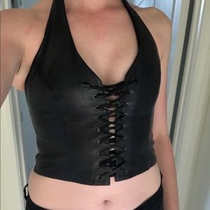 black leather sexy lace up corset lingerie croptop